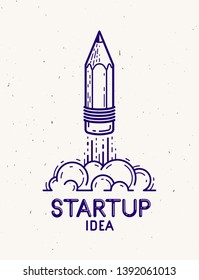 Pencil launching like a rocket start up, creative energy genius artist or designer, vector design and creativity logo or icon, art startup.
