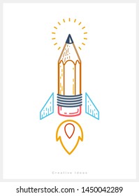 Pencil launching like a rocket start up, creative energy genius artist or designer, vector design and creativity logo or icon, art startup.