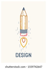 Pencil launching like a rocket start up, creative energy genius artist or designer, vector design and creativity logo or icon, art startup.