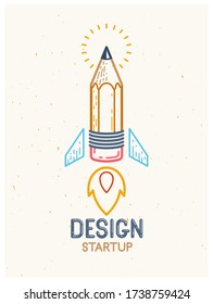 Pencil launching like a rocket start up, creative energy genius artist or designer, vector design and creativity logo or icon, art startup.