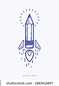 Pencil launching like a rocket start up, creative energy genius artist or designer, vector design and creativity logo or icon, art startup.