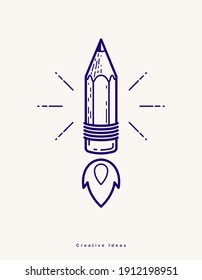 Pencil launching like a rocket start up, creative energy genius artist or designer, vector design and creativity logo or icon, art startup.