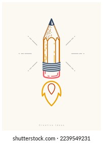 Pencil launching like a rocket start up, creative energy genius artist or designer, vector design and creativity logo or icon, art startup.