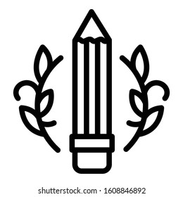 Pencil with laurel icon. Outline pencil with laurel vector icon for web design isolated on white background
