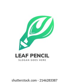 pencil leaf logo design template using green gradient isolated in white background.