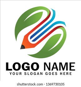 Pencil leaf logo, pencil tree symbol, creative pencil with green leaf