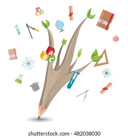 Pencil Leaf Tree Education School Vector