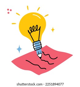 Pencil with light bulb, flat sticker of creative writing 