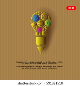 pencil , light bulb with gears and cogs. Modern Technology Concept