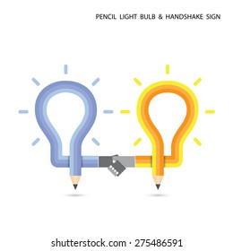 Pencil  light bulb and handshake concept on background. Education and business concept. Vector illustration 