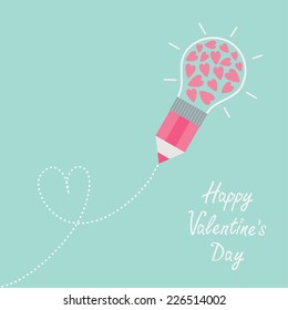 Pencil with light bulb and hearts inside. Dash line heart. Flat design. Happy Valentines day Vector illustration