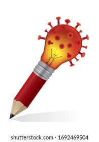 Pencil with Light bulb in the shape of coronavirus.
Illustration, concept  for solution and research of coronavirus pandemic. Vector available.