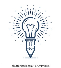 Pencil with light bulb vector simple linear icon, education science and business line art symbol, ideas creative solution.