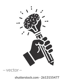 pencil lightbulb brain in closed hand, creative idea , logo, light inspiration concept, innovation, flat vector illustration