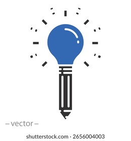 pencil lightbulb logo, creative idea icon, light inspiration concept, innovation, flat web symbol on white background - editable stroke vector illustration