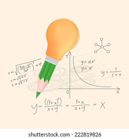 Pencil and lightbulb with math calculations vector illustration.
