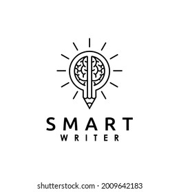 lápiz, bombilla o luz solar con diseño de logotipo cerebral ilustración vectorial 