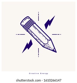 Pencil with lightning bolt vector simple trendy logo or icon for designer or studio, creative energy, bright design, linear style.