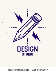 Pencil with lightning bolt vector simple trendy logo or icon for designer or studio, creative energy, bright design, linear style.