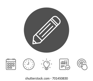 Pencil line icon. Edit sign. Drawing or Writing equipment symbol. Report, Clock and Calendar line signs. Light bulb and Click icons. Editable stroke. Vector