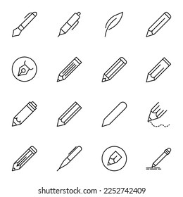 Pencil line icon set. Vector signs of various pencils and pens. Editable strokes. Perfect for stores, internet shops, UI, design, articles, books 
