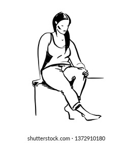 Pencil line illustration. Overwight woman in jeans and shirt sits