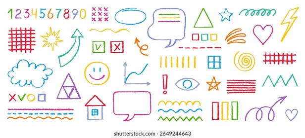 Ícones dos filhos da linha do lápis. Crayon mão desenhada seta coração nuvem casa estrela forma quadro. Escova infantil, giz ou lápis vetor de cor elemento. Desenho de rabiscar linha de textura e forma. Criança bonito pastel rabiscar bg