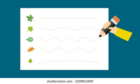 Pencil lines on a sheet of paper with leaves, illustration