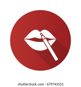 Pencil lipstick flat design long shadow glyph icon. Vector silhouette illustration