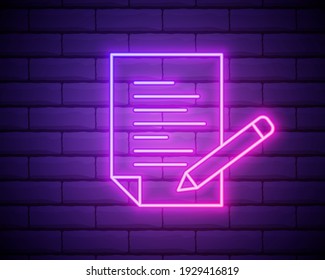 pencil, list, paper outline icon in neon style. elements of education illustration line icon. signs, symbols can be used for web, logo, mobile app, UI, UX isolated on brick wall.