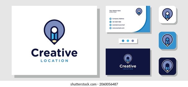 Pencil Location Pin Map Creative Writer Study Logo Design with Layout Template Business Card