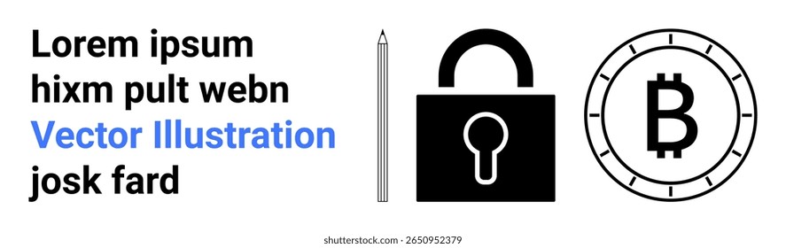 Pencil, lock, and Bitcoin coin symbols beside placeholder text. Ideal for digital security, cryptocurrency, fintech, blockchain, data protection, online transactions, educational materials. Landing