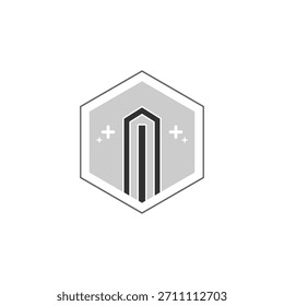 desenho de logotipo lápis com hexágono de forma cinza e preta com fundo branco 