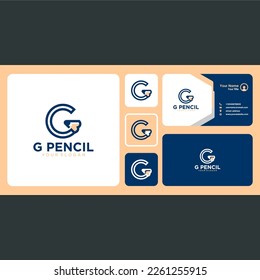 pencil logo design with letter g and business card