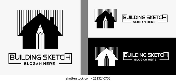 pencil logo design template with house icon in black and white creative concept. premium vector building or building designer logo illustration
