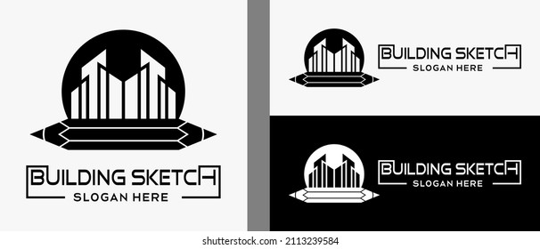 plantilla de diseño del logotipo de lápiz con icono de luna o sol y construcción en concepto creativo en blanco y negro. ilustración del logotipo del diseñador de edificios o del edificio