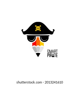 pencil logo design vector and black glasses pirate head