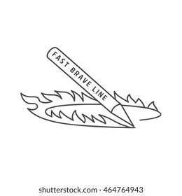 pencil logo, pencil drawing fast line, line in fire, one in cartoon flat style, second logotype thin line style, with "brave line" lettering. isolated color vector illustration on white background.