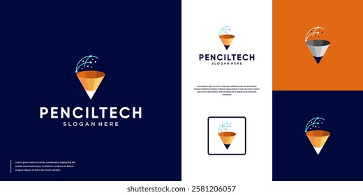 pencil logo with electric circuit, science, education, smart technology, vector graphic template.