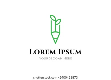 pencil logo with plant combination in line art design style