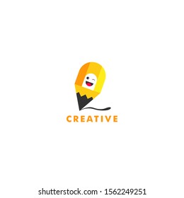 Pencil logo with smiley face kid character. Sign symbol for lesson, course, home school. Vector illustration.