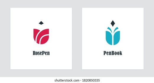 Pencil logos with rose and book symbols. Vector logo designs for bookstores, authors, publishers and educational institutions.