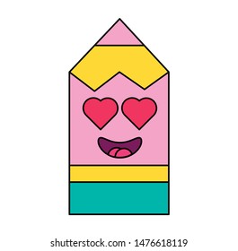 Pencil in love thin linear emoticon icon. Romantic school tool face with hearts replacing eyeballs