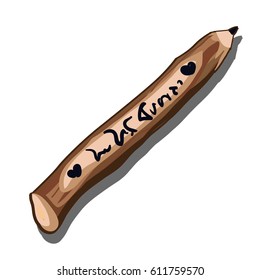 Pencil made from tree branches isolated on white background. Vector cartoon close-up illustration.
