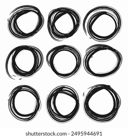 Pencil or marker graffiti illustration. Hand drawn circle line sketch set. Vector hand drawing circular scribble doodle round circles for message note mark design element.