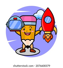 Pencil mascot cartoon character as astronut with rocket, helm, and cloud in cute style for t-shirt, sticker, logo element, poster