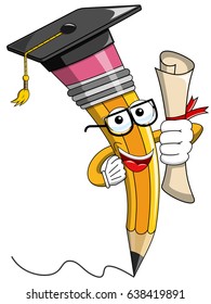 Pencil Mascot cartoon graduate holding certificate isolated