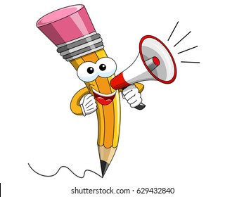 Pencil Mascot cartoon speaking with megaphone isolated