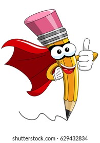 Pencil Mascot cartoon superhero thumb up isolated on white