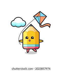 pencil mascot illustration is playing kite , cute style design for t shirt, sticker, logo element